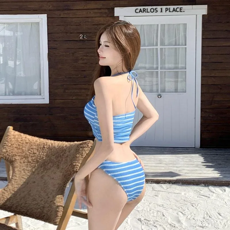 Sexy Blue Striped Tee-Piece Bikini Set with Chest Pad Vaion Swimwear for Women Strapl Bandage Skirted Bikini e