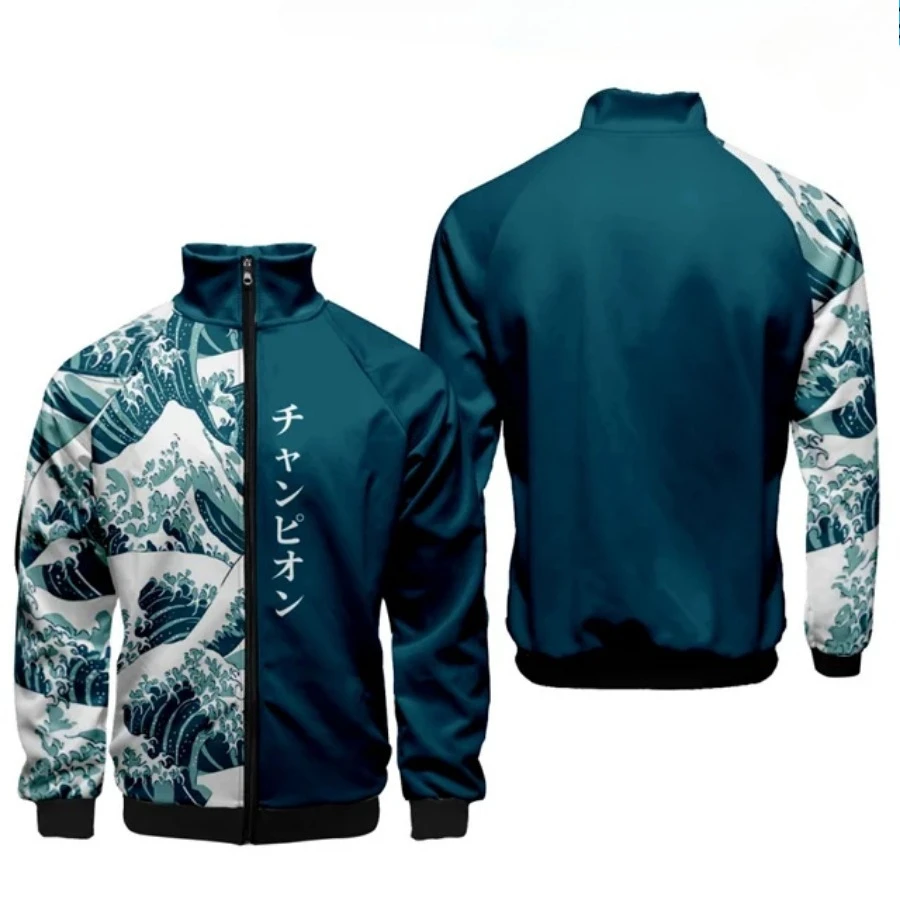 

Аниме-куртка с принтом «Волна Канагавы», на молнии, в стиле Харадзюку, с воротником-стойкой, бейсбольная куртка, повседневный спортивный костюм