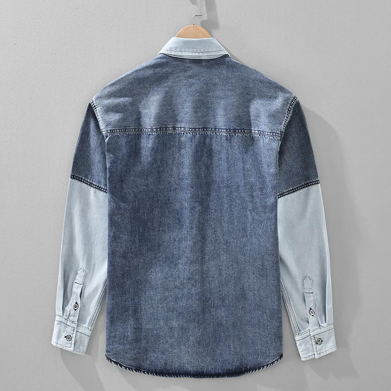 Y2526 Spring Fashion Fresh Style Contrast Color Patchwork Retro Long Sleeve Denim Shirt for Men Good Quality Youth Casual Tops