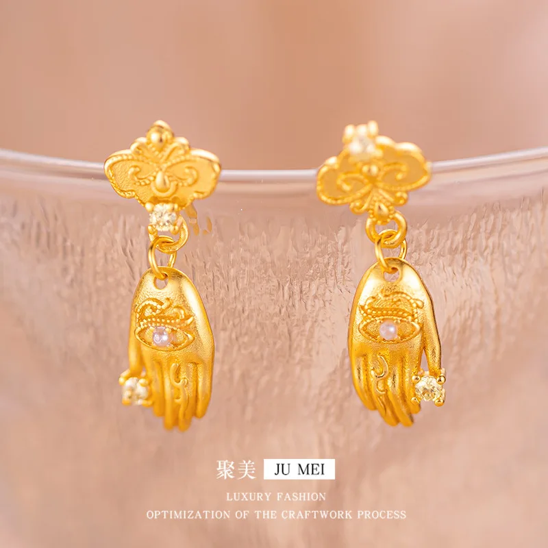 

Women's "Hand-Held Wealth" Earrings, 24K Gold, AU999 | Full-diamond coins with enamel nails, glamorous statement of opulent luck