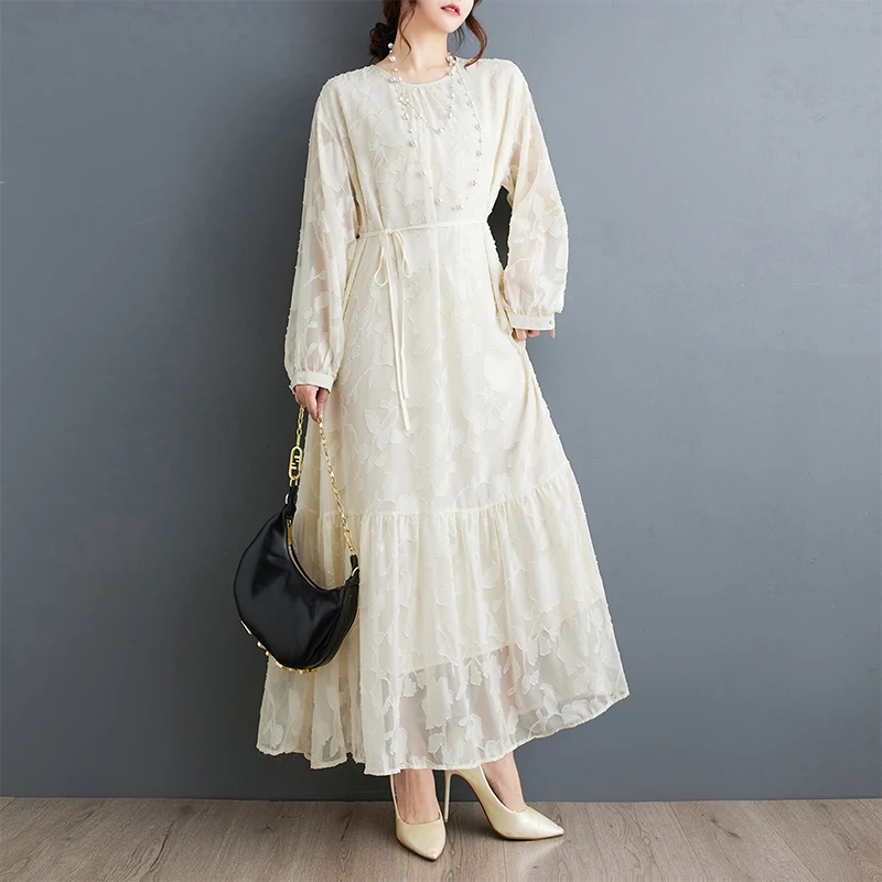 Vestido f solto tamanho ande retrô bordado retalhos manga lanterna dupla camada estilo coreano para viagem primavera...