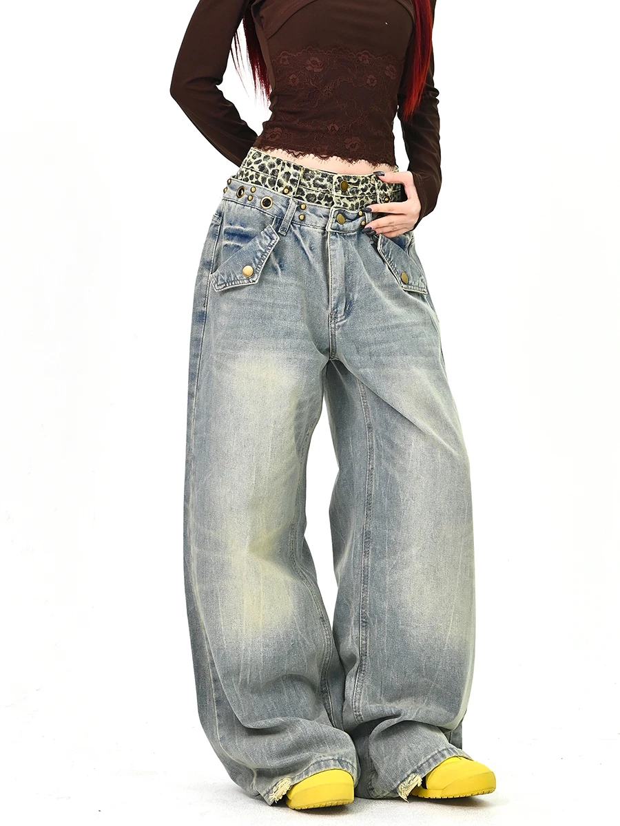 

Double Waist Head Leopard Print Patchwork Loose Wide Leg Jeans Women's Spring New Sle Korean Street Faion Loose Fit