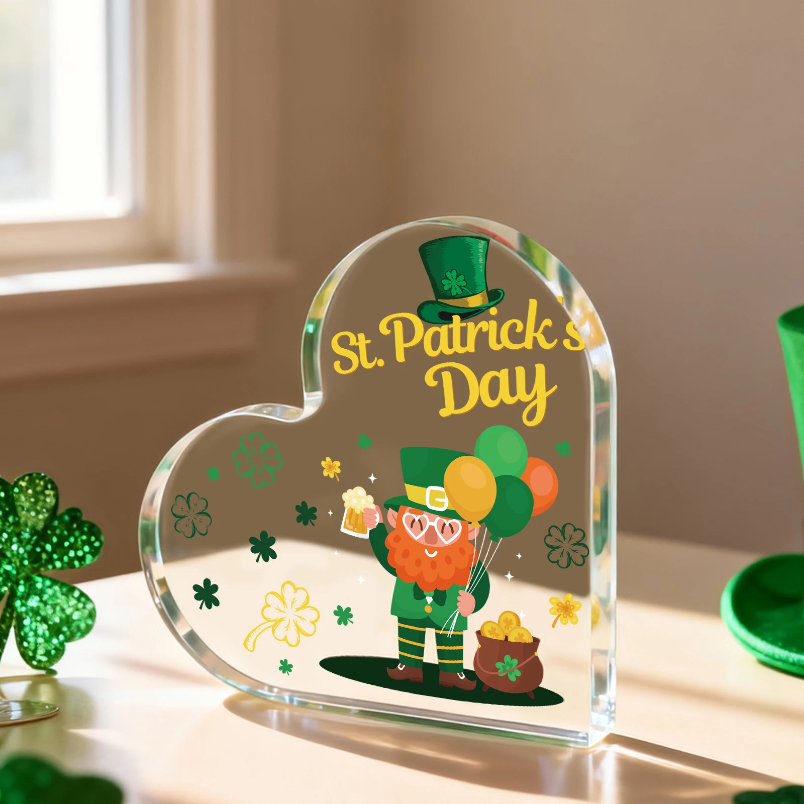 Cute Leprechaun Beer Four‑Leaf Clover Heart‑Shaped Acrylic Keepsake, St Patrick Desktop Gift