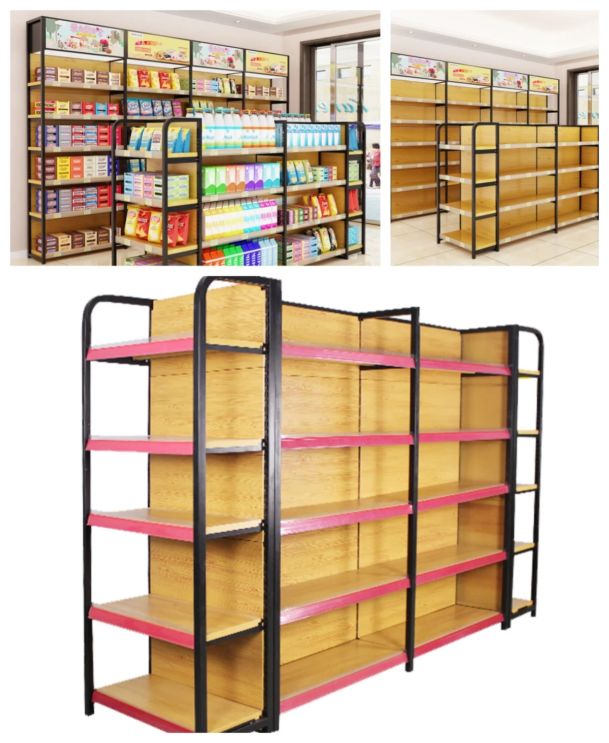 Custom.Customized Supermarket Display Rack Metal Four-post Wood Grain Shelf with Good Price for Retail Store