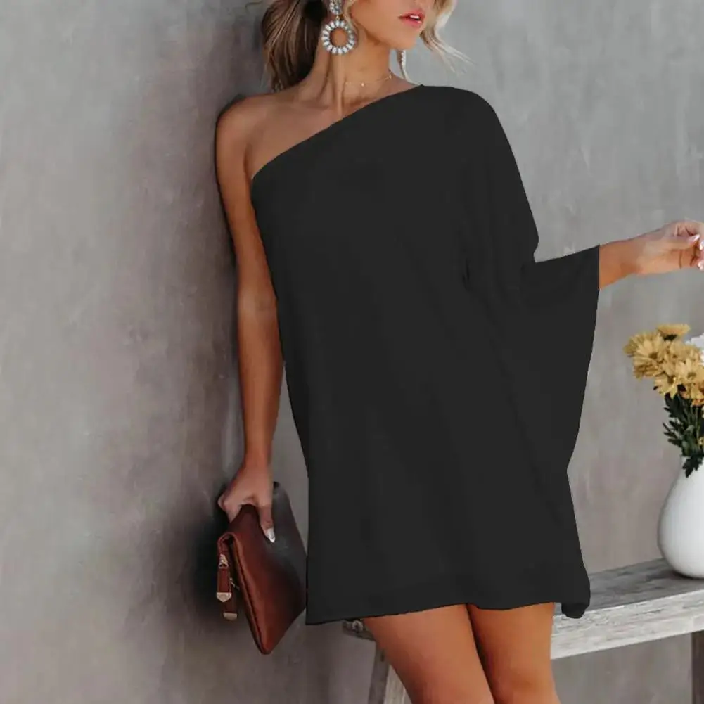 Anti-Pilling Skin-touch One Shoulder Skew Collar Mini Dress for Banquet