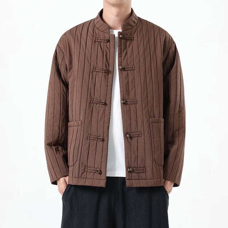 

Autumn Men New Chinese Style Jackets Men Thick Warm Soild Color Coat Male Vintage Stripe Black Jacket Man Tang Costume Hanfu