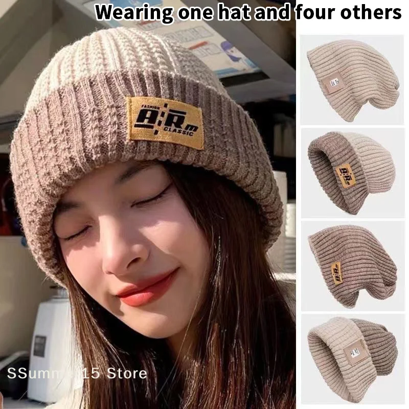 【R】Winter Warm Ear Protection Hat For Women Baggy Slouchy Beanie Fashion Color Block Woolen Pullover Cap Girl Pile Knit Hat