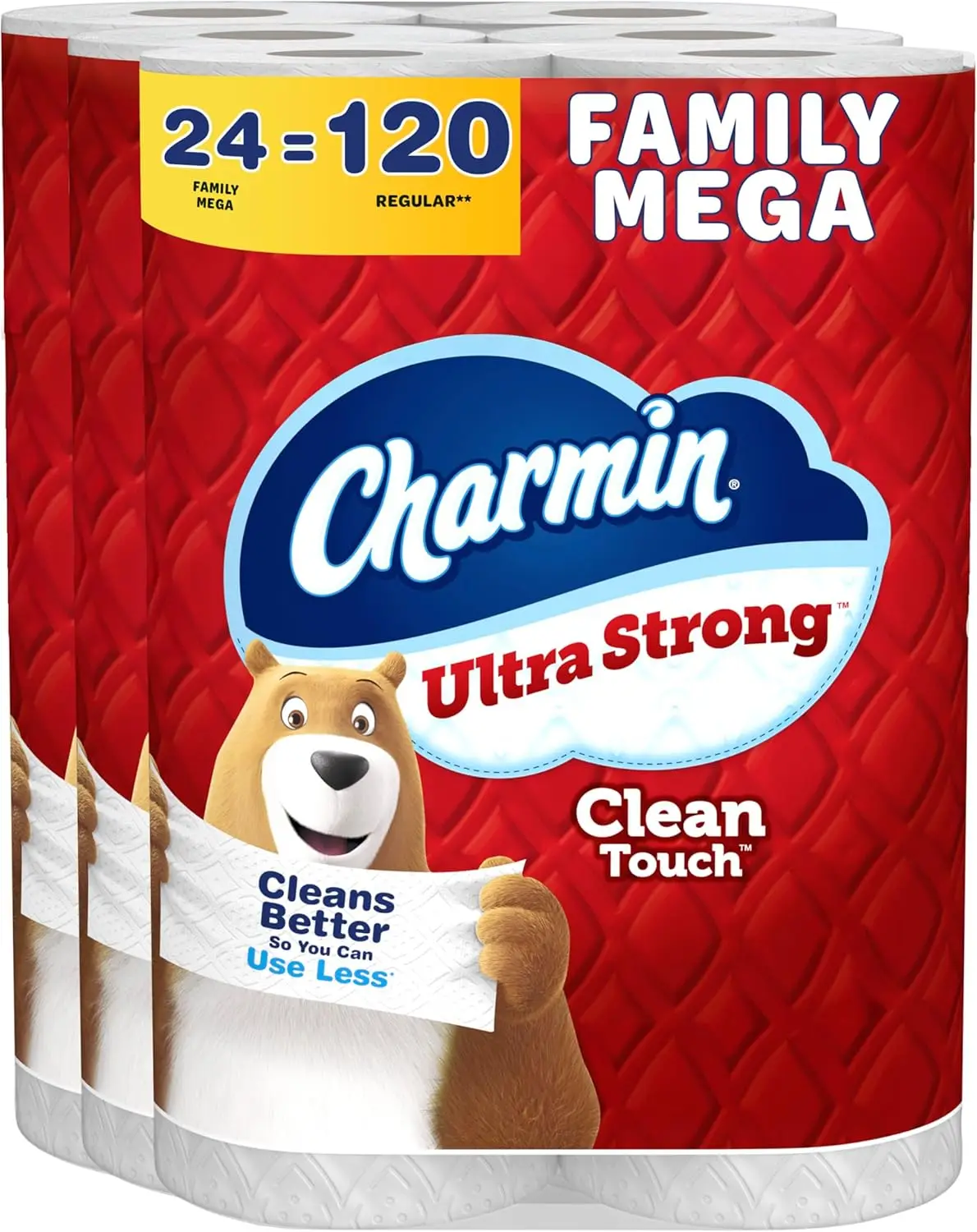 

Ультрапрочная туалетная бумага Clean Touch, 24 мегарулона = 120 обычных рулонов для семейного использования