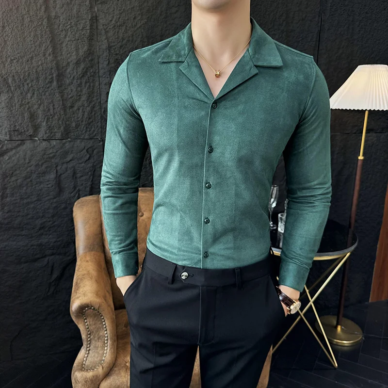 Deerskin-Camisa com colarinho cubano de veludo masculino, camisa de manga comprida, slim fit, high-end, leve, luxo, na moda, negócio, novo, 4XL-M, primavera, 2022