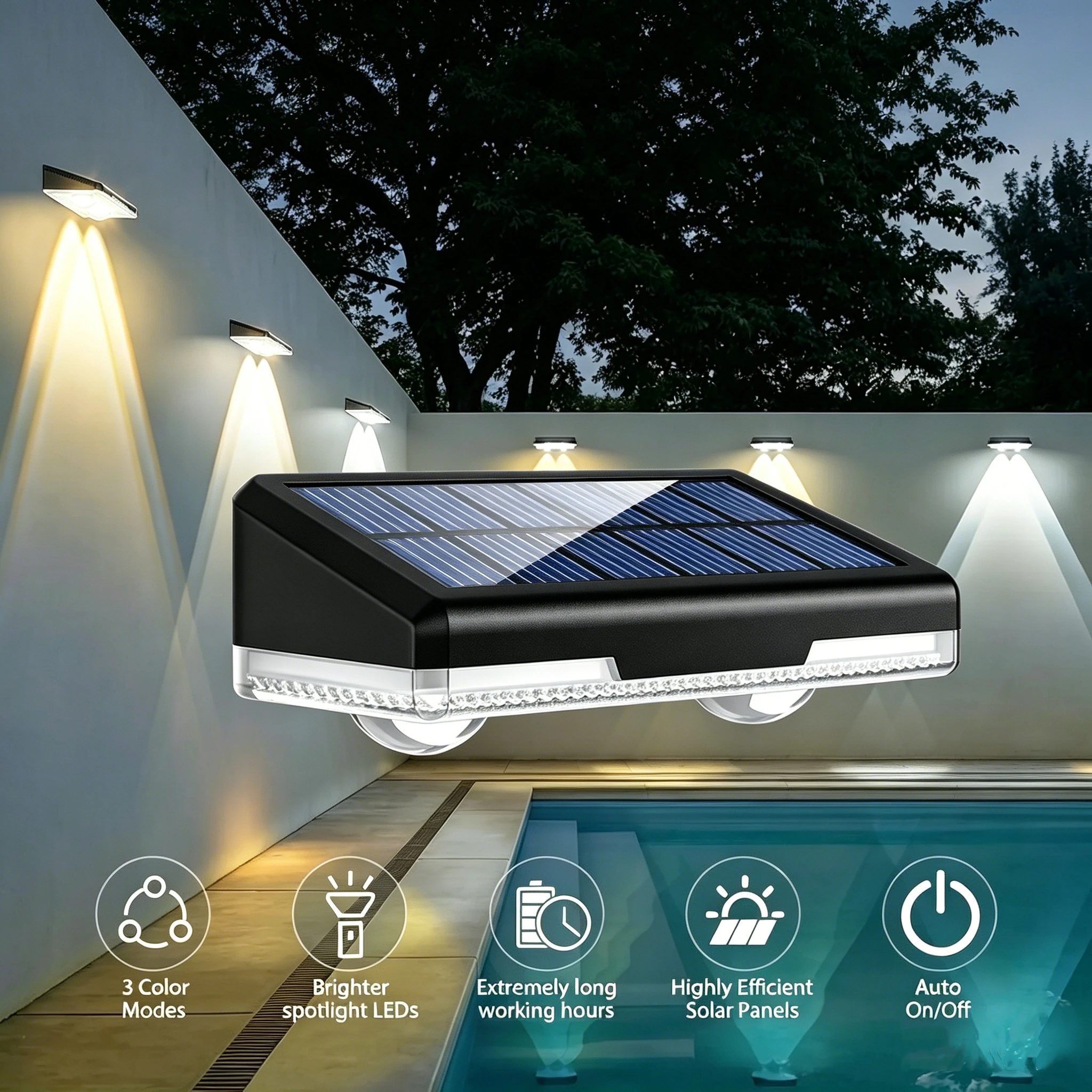 Luces Solares para Cercas, Luces LED Solares para Terraza, Cambio de Color, Iluminación Exterior Impermeable para Postes de Cercas y Balcones