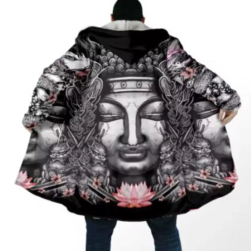 

New Winter Fashion Men's cloak Samurai Oni Mask Tattoo 3D Printed Thick Fleece Hooded Cloak Unisex Casual Warm Cape Coat Q0317