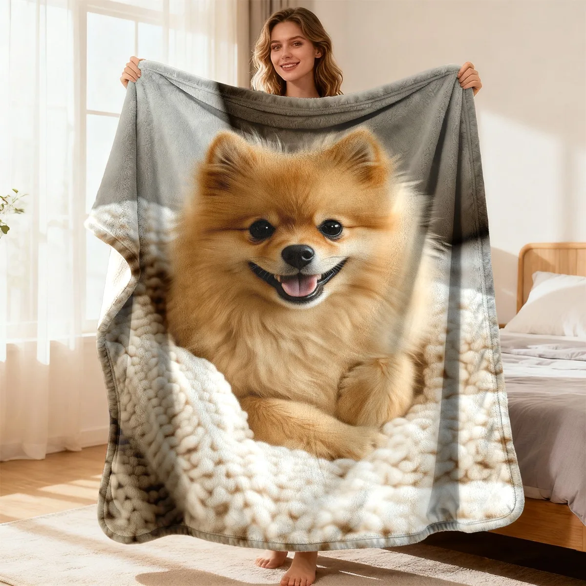 Smiling Pomeranian Dog Throw Blanket, Soft Cozy Light‑Grey With Beige Accents, for Naps, Camping, Travel, Car & Home Decor