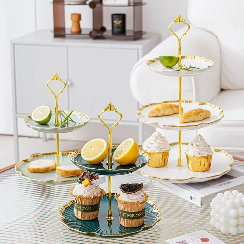 European Ceramic Three Tier Fruit Plate Luxury Gold Rim Snack Dessert Tray Multi Layer Wedding Party Round Cake Stand