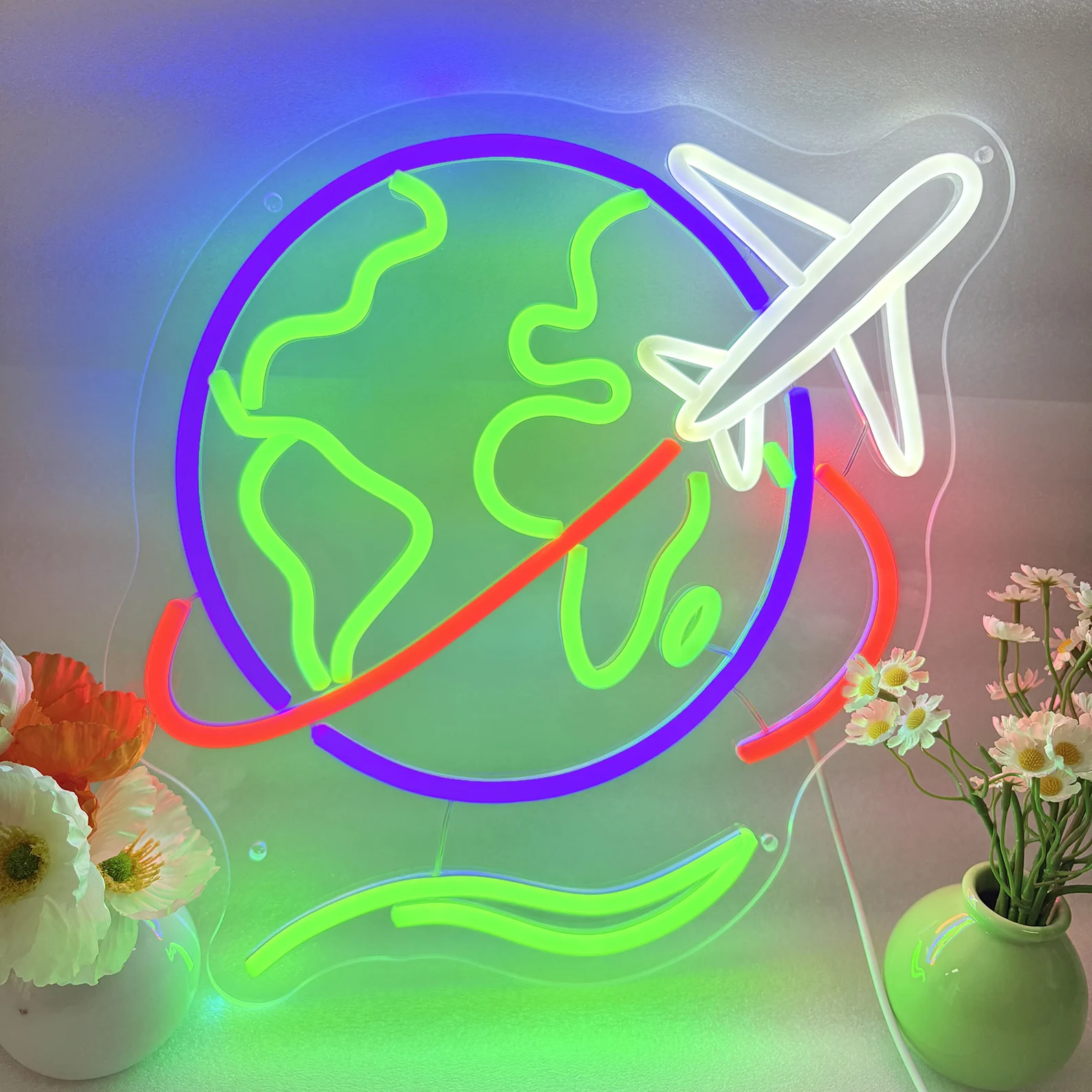 Planet and Airplane Neon Sign,Travel LED Decor,Travel Agency LED Decor,Airport Neon Sign,Traveler Gift Idea,Business Neon Sign
