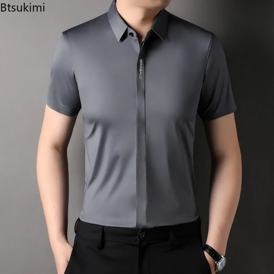 Summer New High-grade Hidden Button Men's Light Luxury Short Sleeve Shirts Men High Elastic Business Anti-wrinkle Ice Silk Shirt