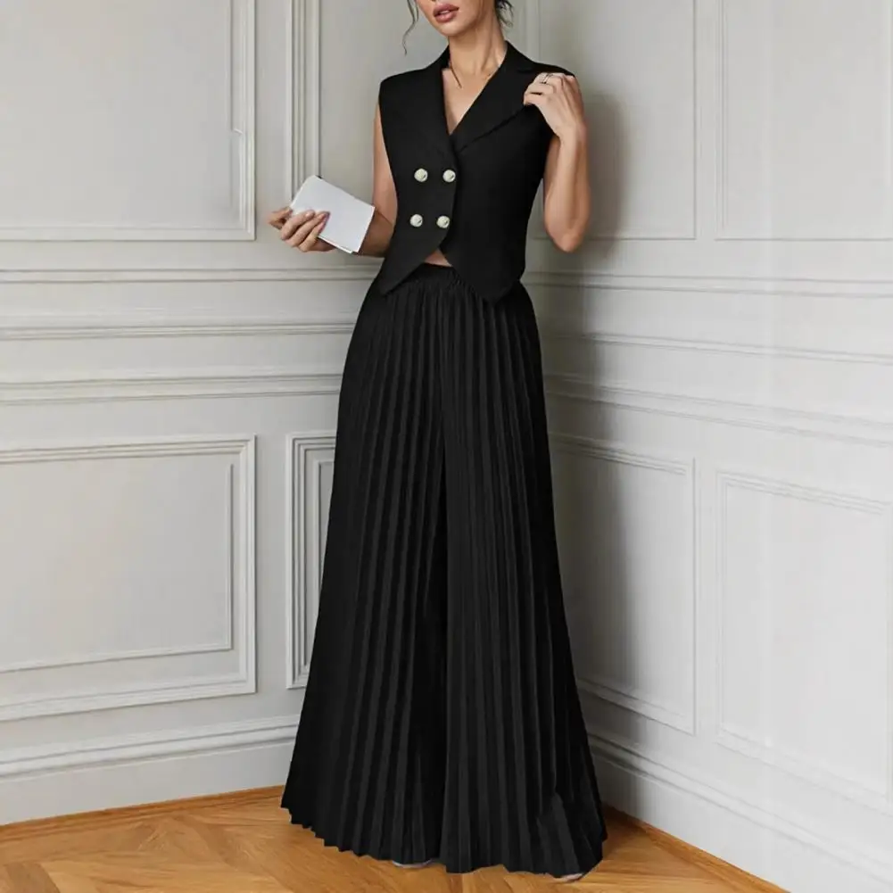 

Костюм-двойка женский: укороченный жилет без рукавов на пуговицах и брюки свободного кроя с широкими штанинами для женщин, повседневный деловой стиль