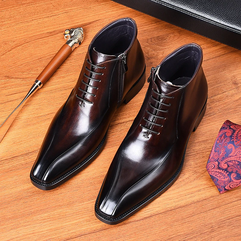 

Men’s Genuine Cow Leather Boots Banquet Business Suits Cowhide Black Luxury Shoes Man Winter