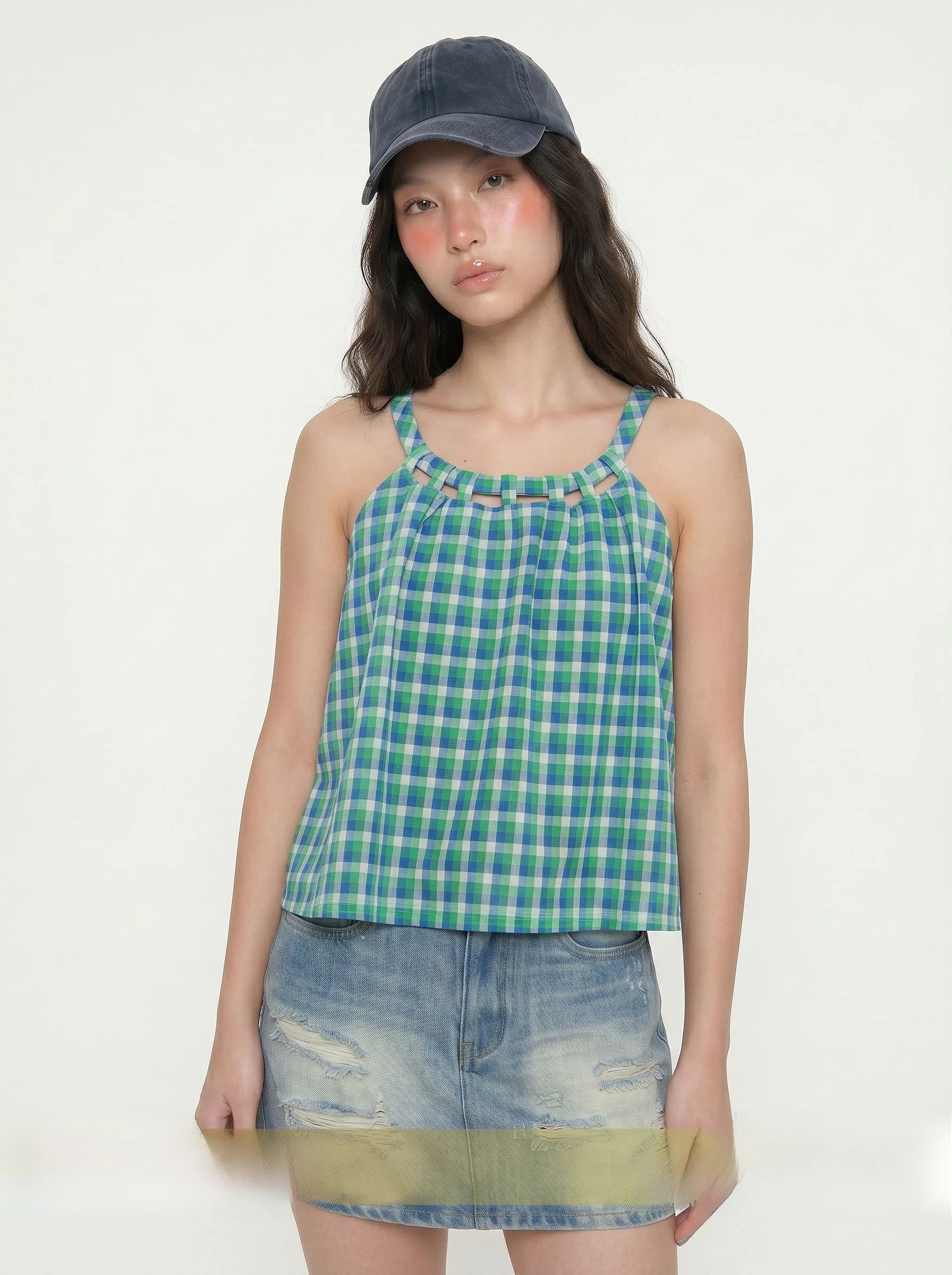 

Tore Hollow out Plaid Neck Hanging Vest Women's Short Style Summer New Design Slimming Top Cotton round Neck Print Moisture W...
