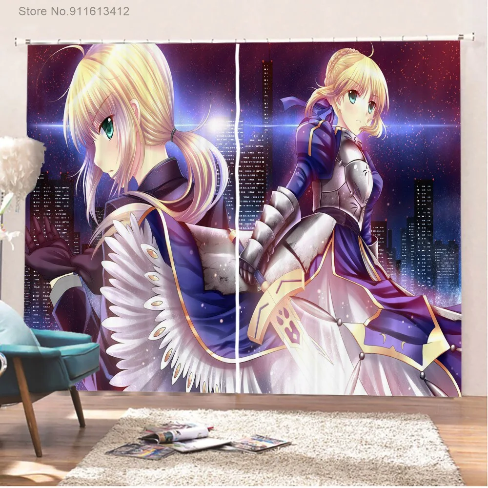 Manga Fate/Zero Blackout Curtains 3D Print Japan Anime Window Drapes 2 Panels Cartoon Curtains for Living Room Window Decor