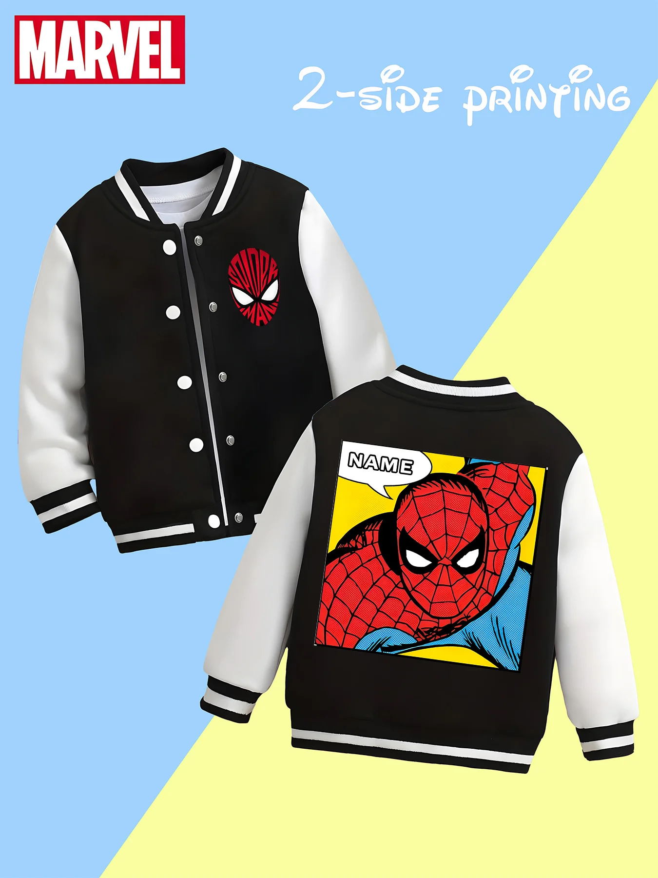 

MINISO Marvel boys' baseball jacket - Spider-Man retro comic print, double-sided to restore the classic style, perfect for schoo
