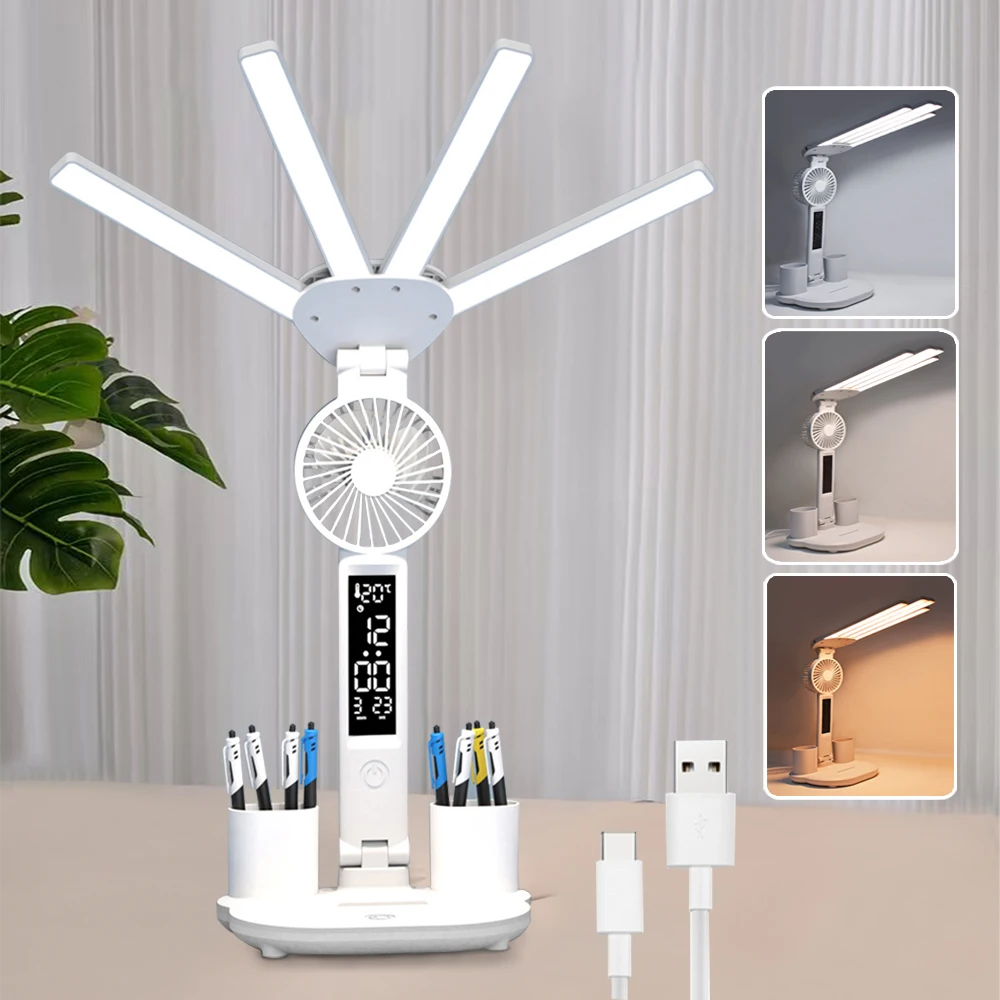 Rechargeable LED Desk Lamp with Fan Multi-Function Touch Control 3 Color Dimmable Eye Protection Study Lamp with Pen Holder