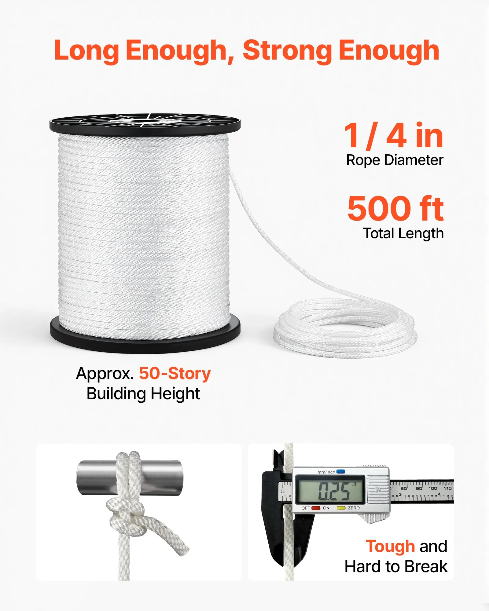 Polyester Rope 1/4 in x 500 ft Solid Braid Marine Utility Rope White, 1150 lbs Breaking Strength, Heavy-Duty Low Stretch Sun-Resistant Industrial Cord, Smooth Surface