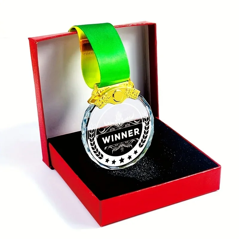 Color Printing or Laser Engraving Clear Crystal Glass Medals 1st 2nd 3rd Award Gift Box Packagin