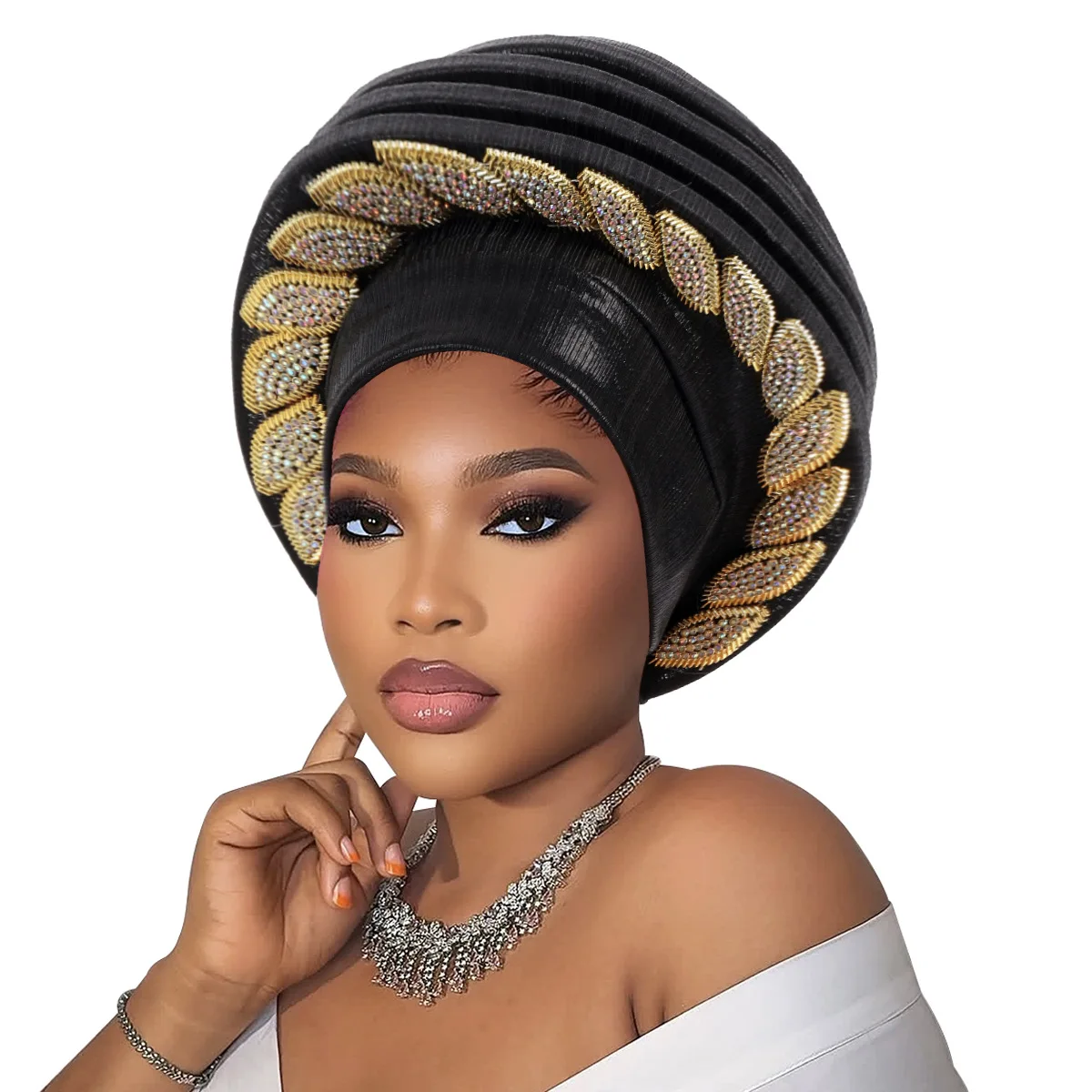 Leaves Diamonds Spiral Beret Turban Cap for Women Afrcian Headtie Female Head Wraps Nigerian Wedding Party Geles Caps