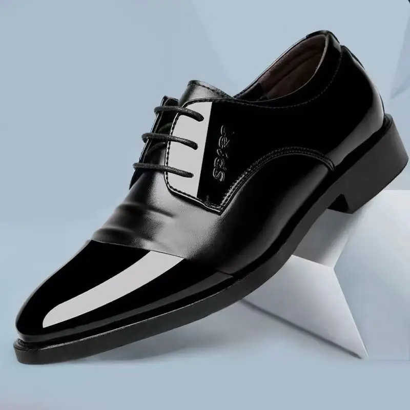 Leather Shoes Men's 2022 New Youth Pointed Toe Bright Business Dress Shoes Lace Up To Work Office Work Men's Shoes