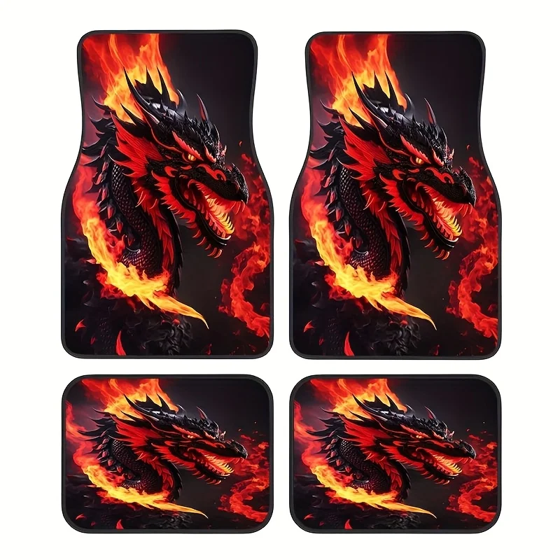 4pcs, Dragon Flame Style Car Rubber Mats, Universal Non-Slip Carpets, Easy To Clean Interior Additions, Suitable For Front And R