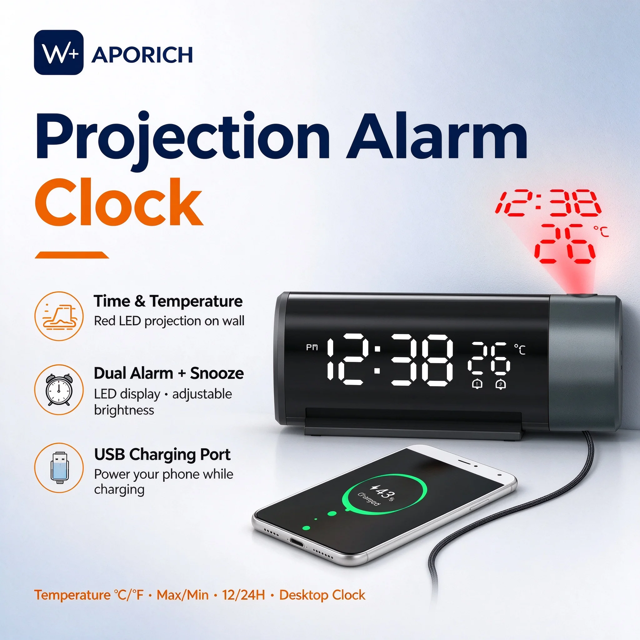 Digital Projection Alarm Clock with 180° Rotation Dual Alarm Snooze Celsius/Fahrenheit Temperature 4 Brightness Levels