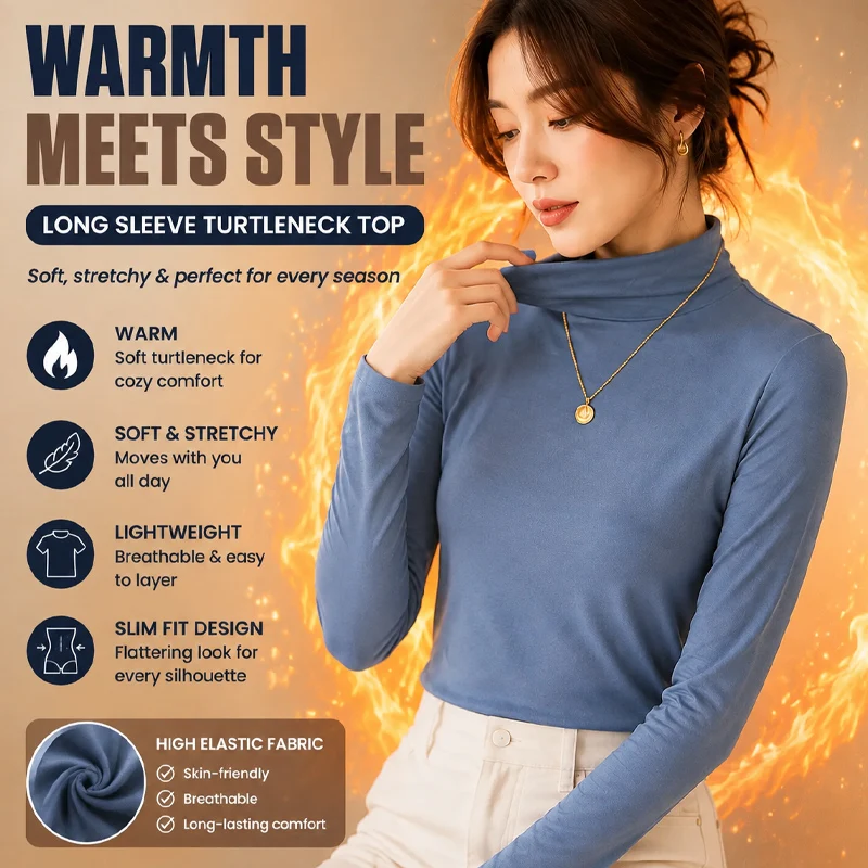 Women's Long Sleeve Solid High Neck T-Shirt Slim Fit Basic Top Soft Knit Casual Blouse for Autumn Winter Versatile Essential