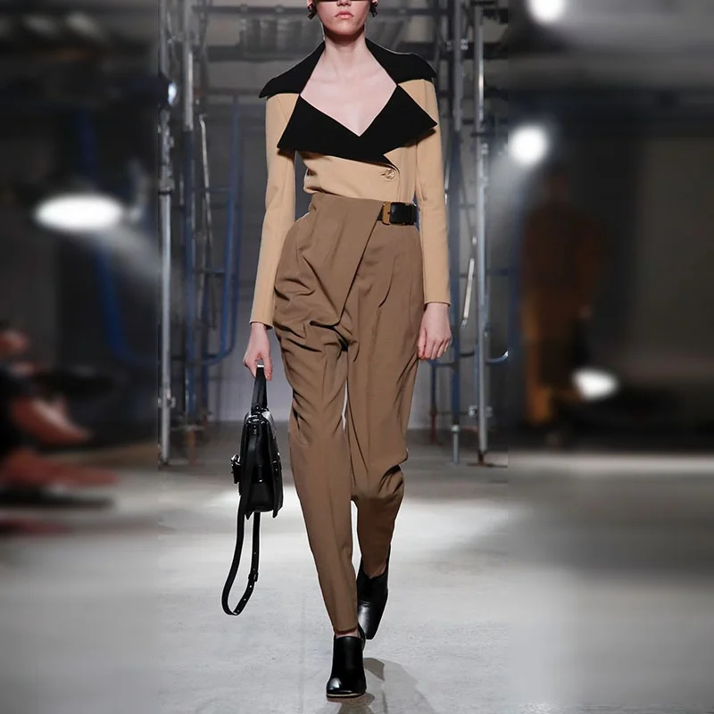

High Waist Asymmetric Caramel Color Dad Pants Harlan Carrot Pants Women's T-Stage Show Spring Autumn Design Naturaleye Brand