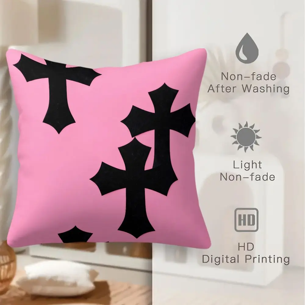 Black Gothic Cross Print Throw Pillow Pink Aesthetic Cushion Digital Print Decorative Pillow for Sofa Bed Home Decor 45x45cm