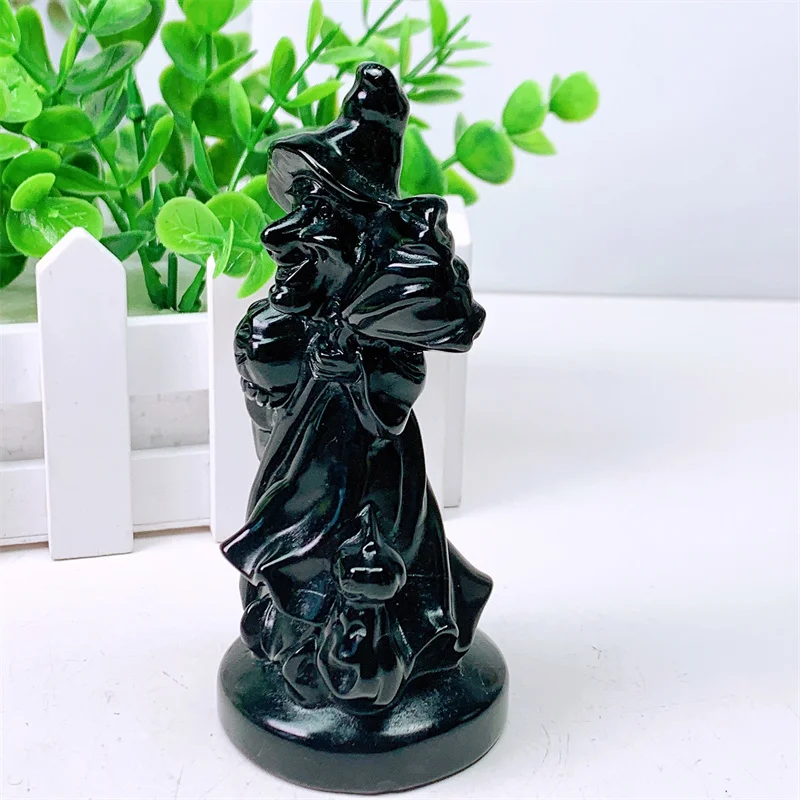 Natural Black Obsidian Witch Figurine Crafts, Healing Crystals, Carving, Halloween Gift, Home Decoration, 12cm, 1Pc