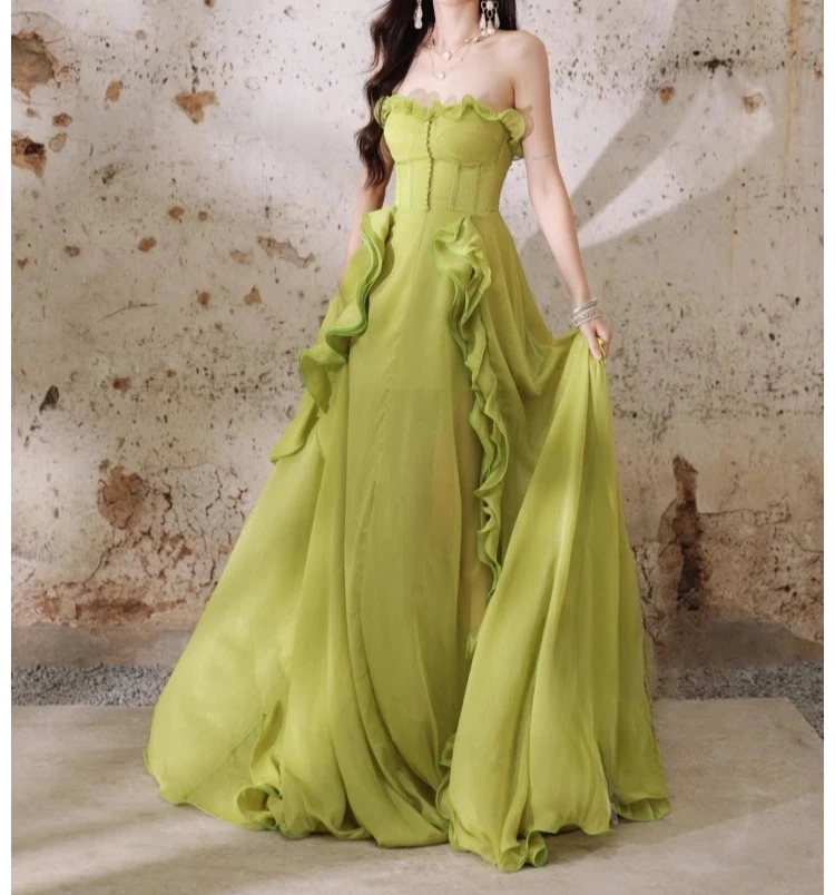 green strapless sleeveless elegant women dress lace-up summer holiday party clothing lady ruffles maxi vestidos bodycon
