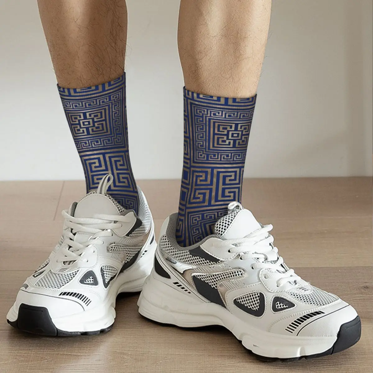 Chaussettes de football en polyester bleu méandre géométrique pour hommes et femmes, chaussettes d'équipage, ornement de clé grecque, non ald, mode