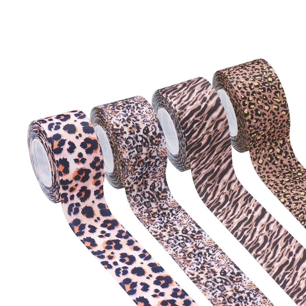 4 Rolls/set 38mm Polyester Ribbon Leopard Print Theme Pattern For Christmas Party Gift Wrapping Floral Bows Crafts Decorations