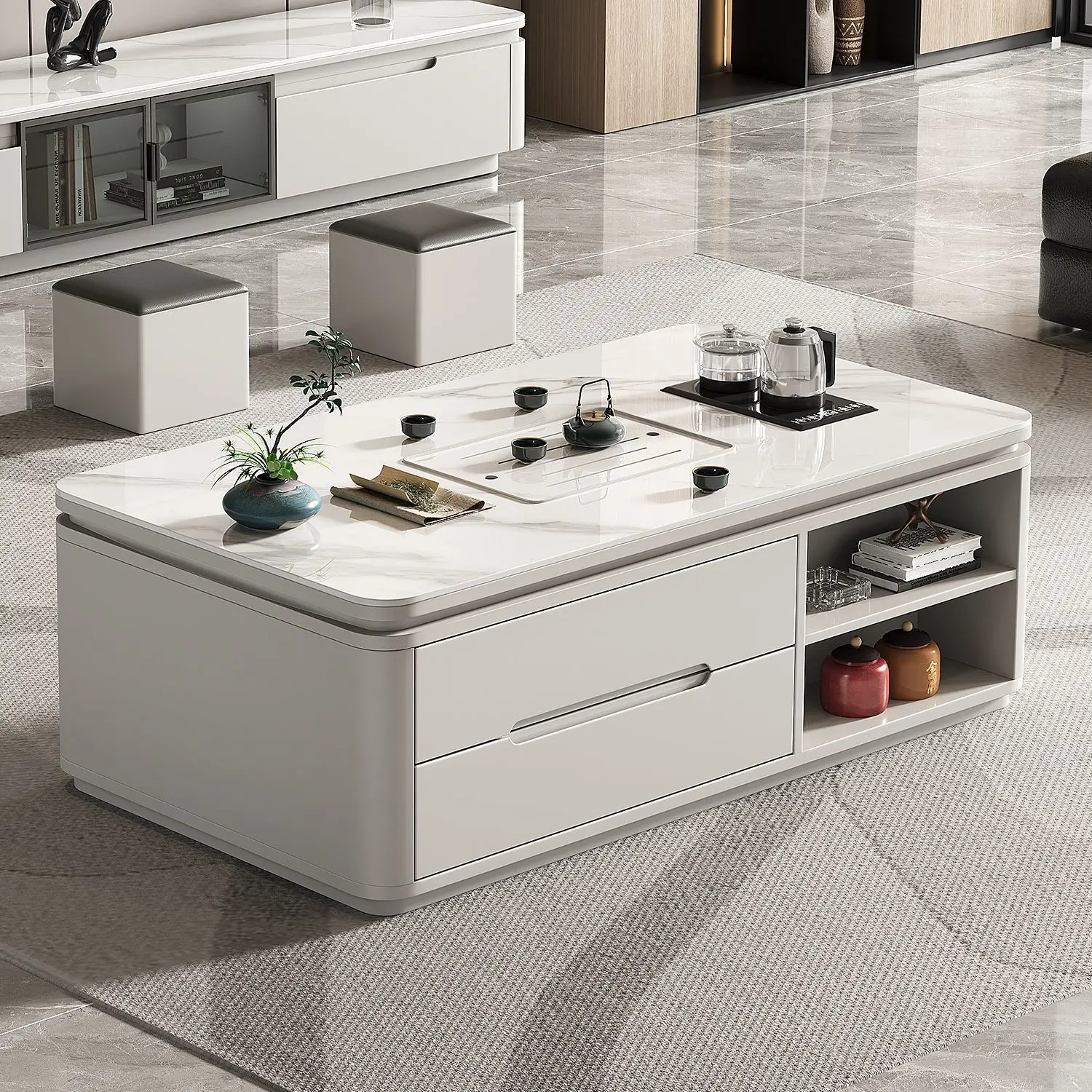 

Новый современный чайный столик кунг-фу из каменной плиты 2025 года, бытовой чайный сервиз с кипящей водой, чайный столик, полный набор офисного стола