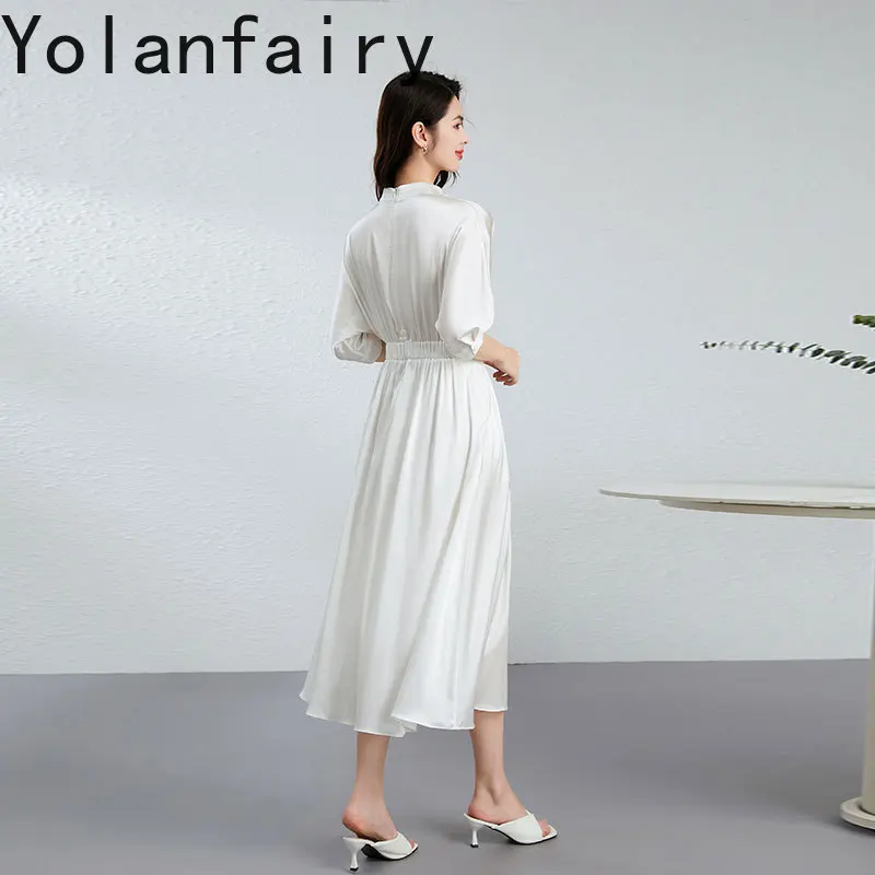 YOLANFAIRY 19mm 92.3%Natural Mulberry Silk Satin Dress for Woman French Elegant Birthday Dresses Luxury V-neck Large Hem vestido