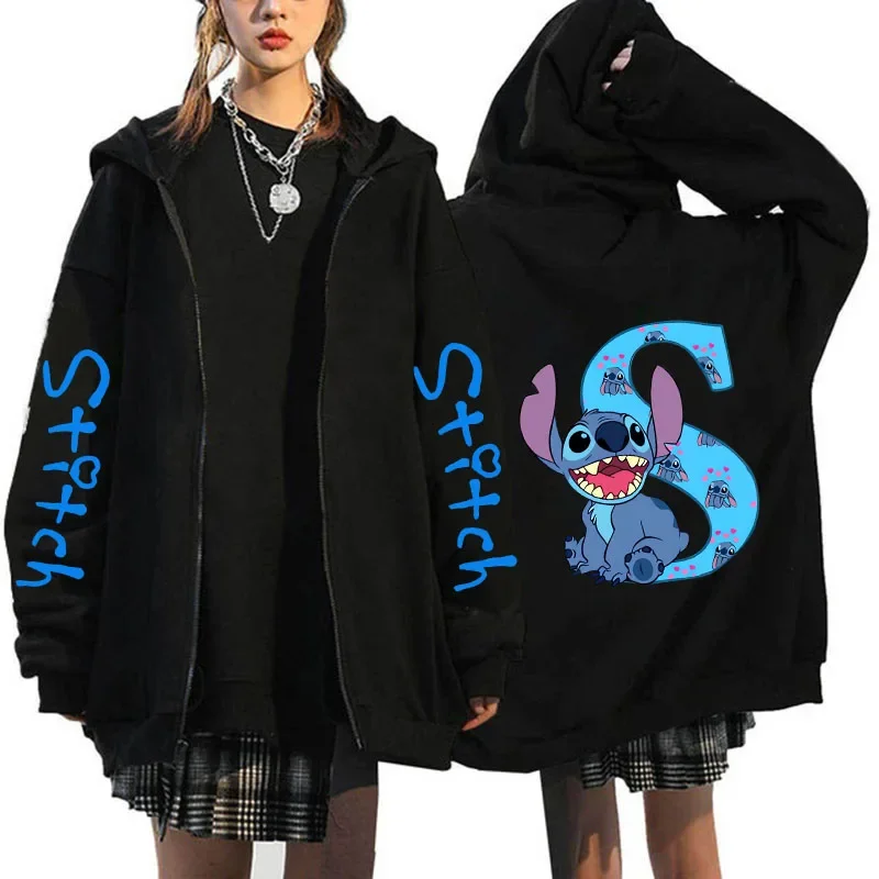 Felpe con cappuccio Zip Up Felpe con cappuccio da donna Cerniera carina Disney Lilo & Stitch 26 lettere inglesi Stampa Felpa con cappuccio Coppia Streetwear