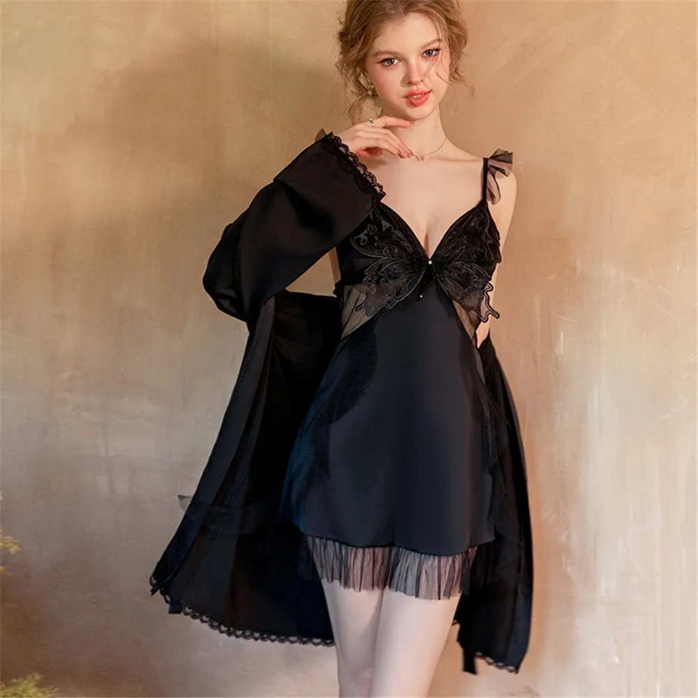 Female Butterfly Applique Robe Nightgown 2PCS Set Elegant Ice Silk Kimono Bathrobe Gown Summer Sleepwear Loose Homewear