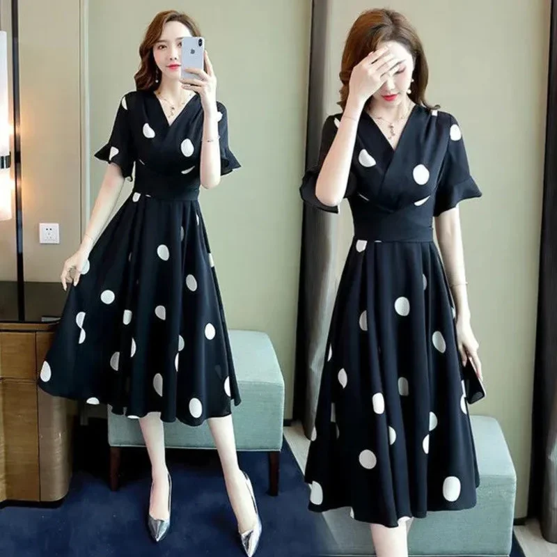 Women's Casual Chiffon Party Dress Short Sleeve T Shirt 2025 Summer New Korean Style Office Polka Dot Dresse for Women Clothing