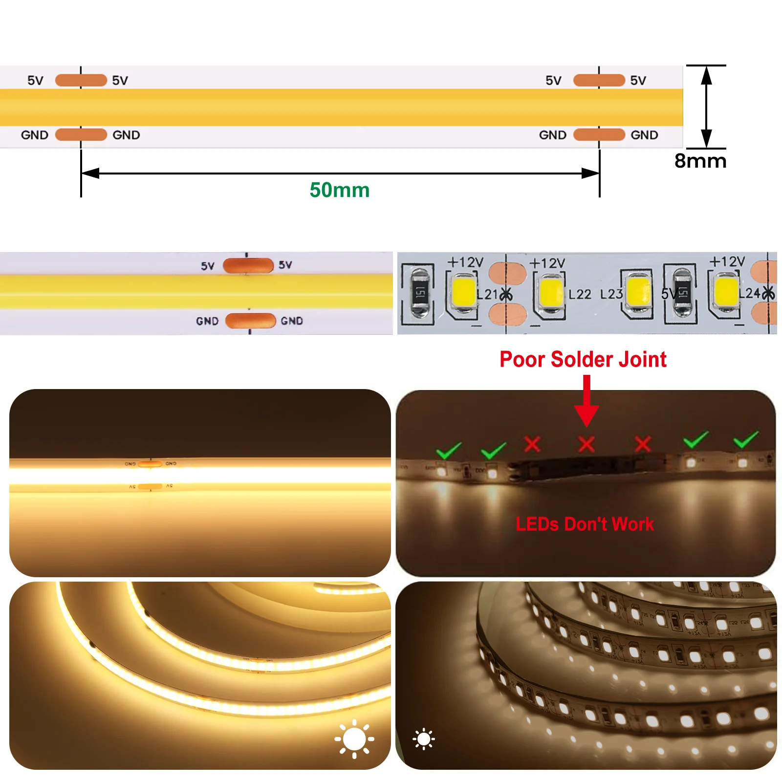 5V USB COB LED Strip 8MM 320Leds/M High Density RA90 Flexible Ribbon Rope Night Lamp White/Red/Pink/Yellow LED Tape TV Backlight