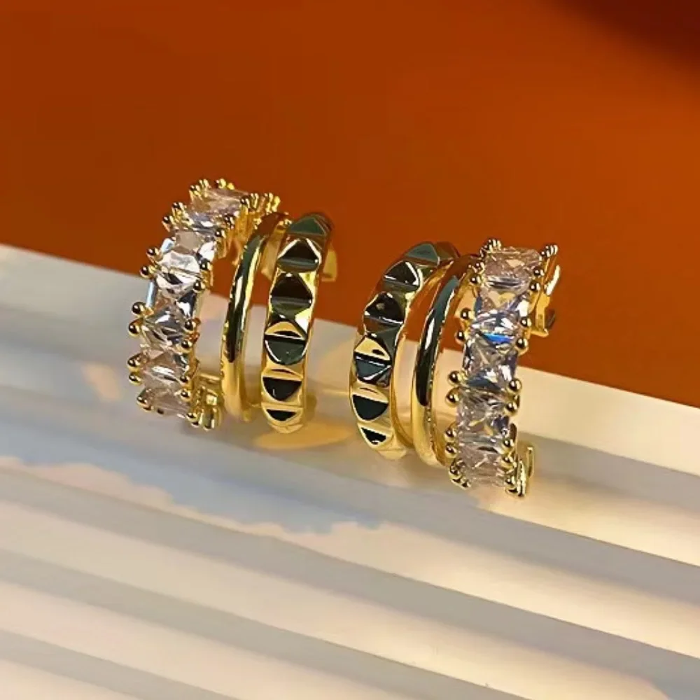 

C-type metal earrings. Double layered metal irregular design jewelry sparkling zircon exquisite fashion earrings. Cute Girl Gift