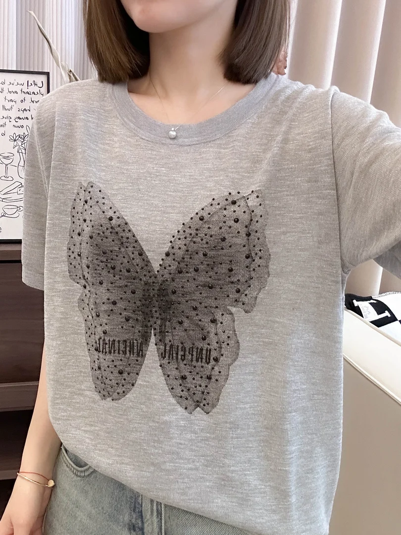 تي شيرت نسائي صيفي جديد Sle مطبوع عليه حجر الراين مستدير Ne ort Sve محبوك فضفاض مناسب للبطن غطاء أنيق...