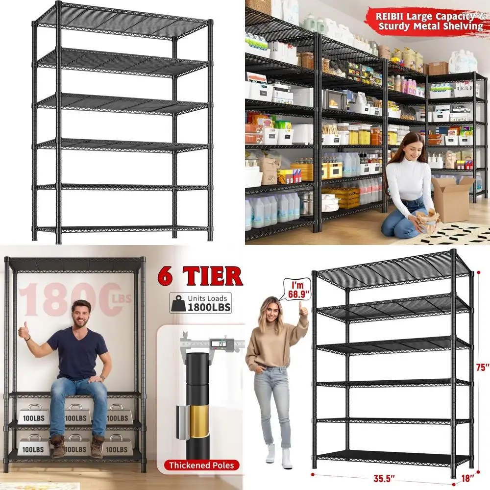 

Сверхмощные регулируемые металлические полки для хранения гаражных стеллажей, грузоподъемность 1800 фунтов, высота 75 дюймов, 6-уровневая система проволочных стеллажей