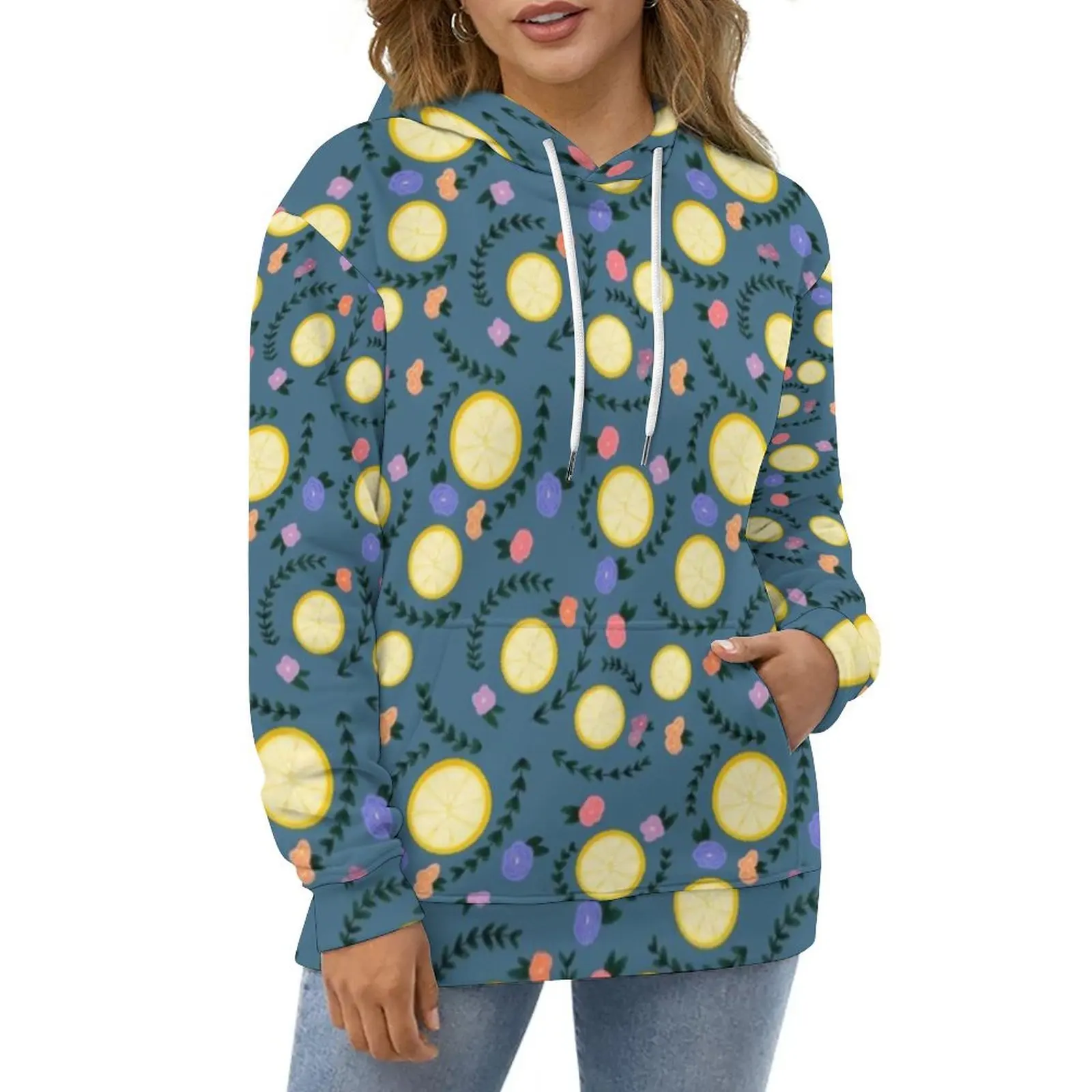 

Yellow Lemon Slices Hoodies Flower Print Hip Hop Casual Hoodie Long Sleeve Pretty Design Hooded Sweatshirts Large Size 5XL 6XL