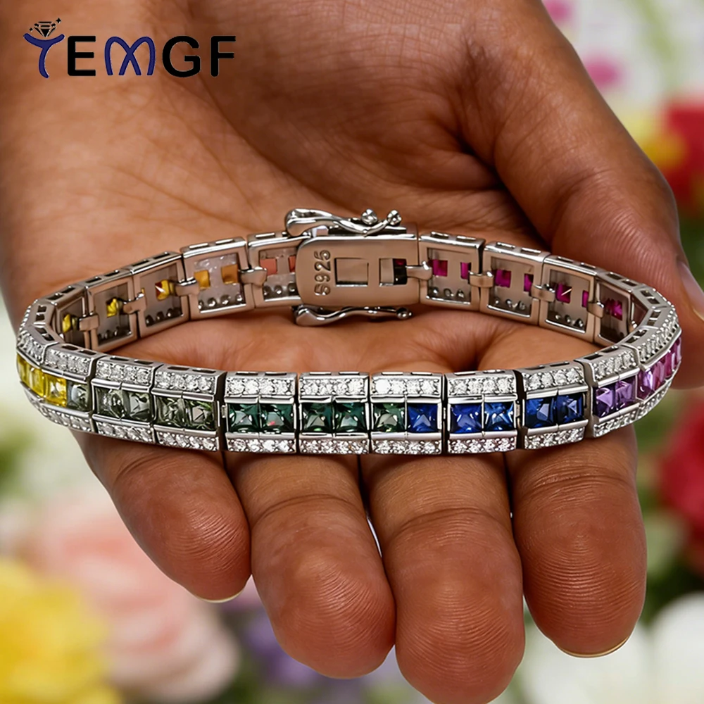 

Браслет TEMGF с разноцветными выращенными драгоценными камнями 3 мм для женщин, цепочка из серебра 925 пробы, блестящие квадратные лабораторные бриллианты, украшение на запястье для свадьбы и вечеринок