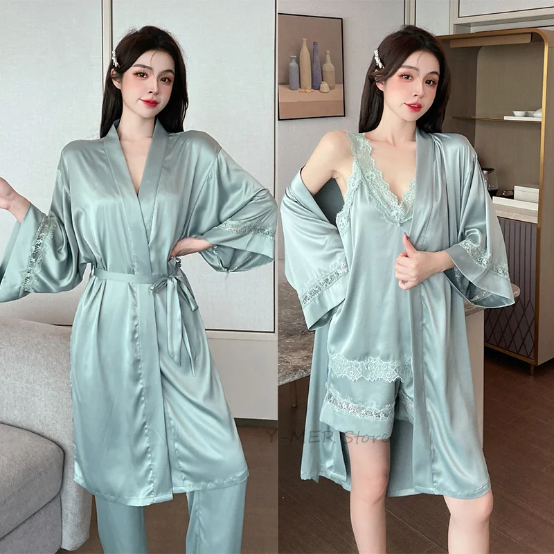 Spring Summer 5PCS Pajamas Set Sleepwear Sexy Lace Loungewear Women Silk Satin Nightgown Cami&bathrobe&shorts&pants Homewear